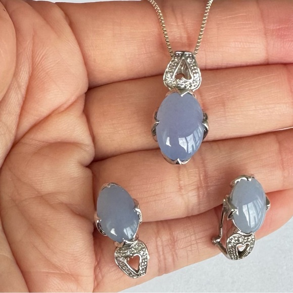 Vintage Natural Blue CHALCEDONY Sterling Silver 925 HEART Earrings Necklace SET - Picture 3 of 12